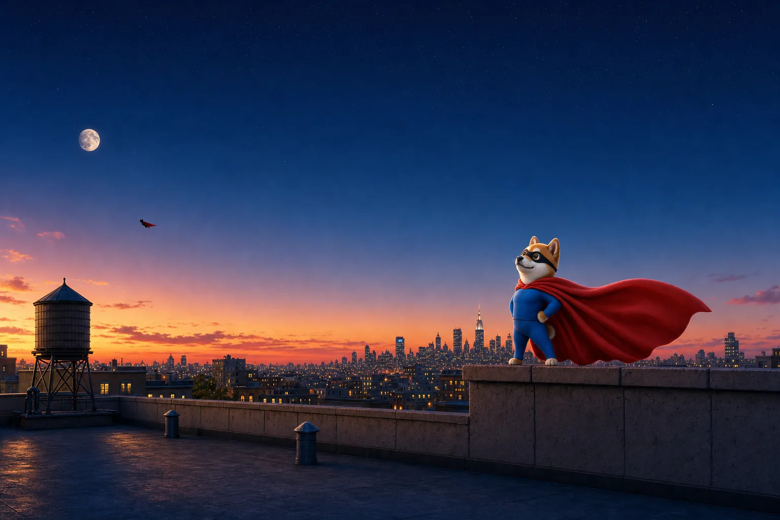 Sidekinu on the rooftop ledge watches a tiny caped streak fly away past the moon