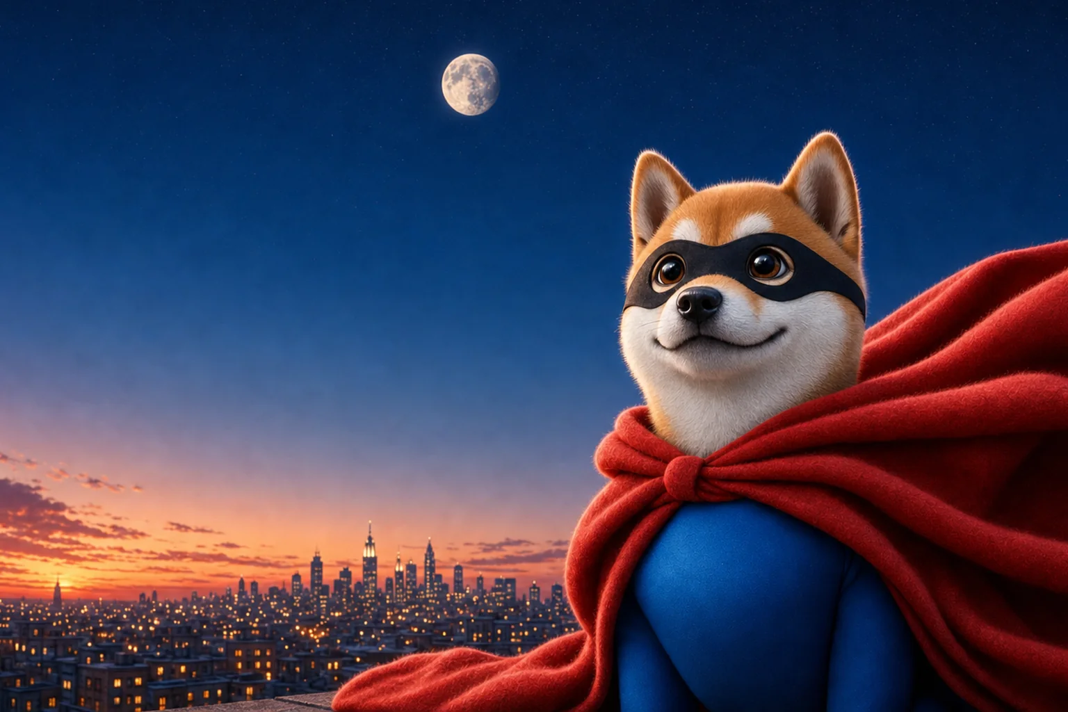 Sidekinu on a rooftop at sunset, chin up with a proud grin, a black mask over his eyes and a huge red cape wrapped around him