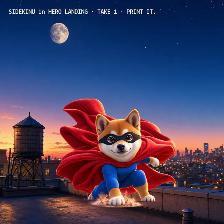 Hero Landing poster: Sidekinu lands on one knee on the rooftop, cape everywhere