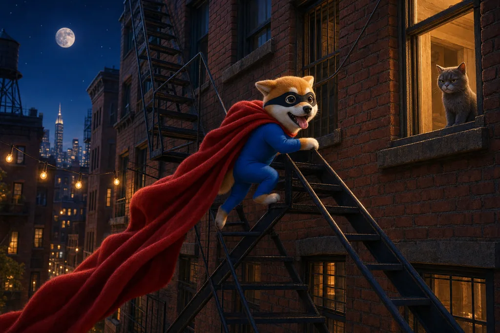 Sidekinu runs up a lit fire escape stair, his cape dragging several steps behind him